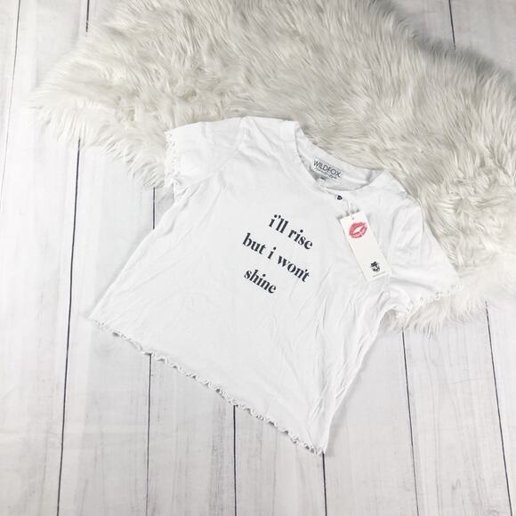 Wildfox Women's Sydney Rise & Shine Ruffled Graphic Tee White Cropped Bottom Hem - Picture 2 of 5